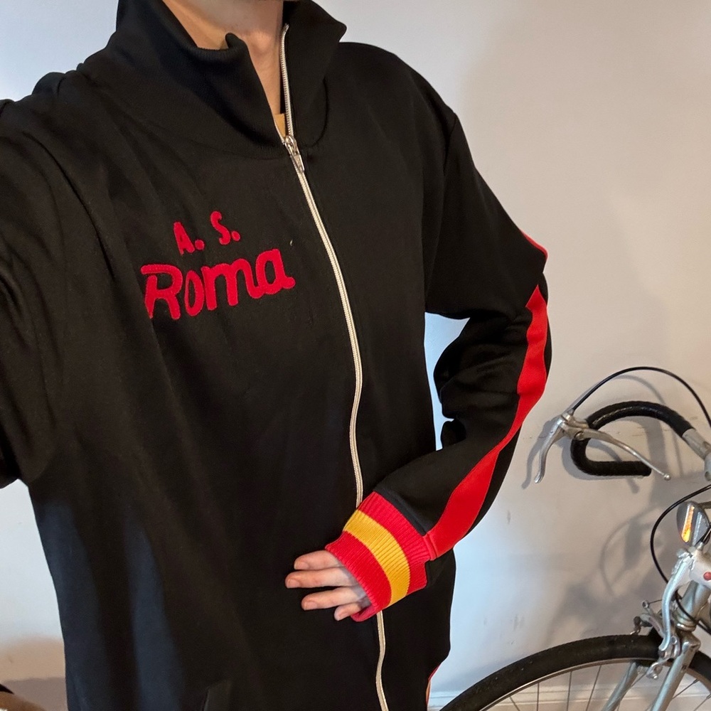 Black A.S. Roma Soccer Football Zip-Up Jacket with Red and Yellow Stripes